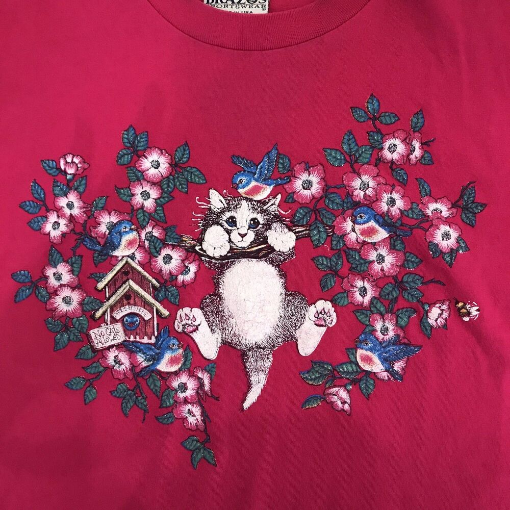 Vintage Cat Floral Birdhouse Cropped Bright Pink T-shirt Large